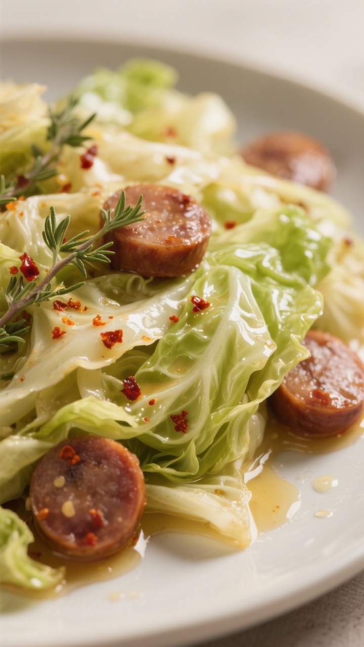 Close-up detail — Buttery cabbage ribbons: Tight macro of tender, wilted green cabbage ribbons coa