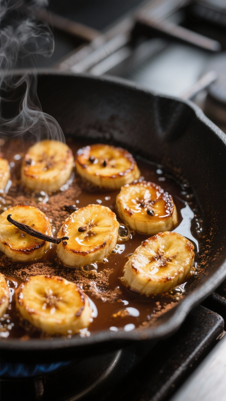 Close-up detail: Caramelized banana coins in a skillet at peak sizzle, thick glossy brown sugar–bu