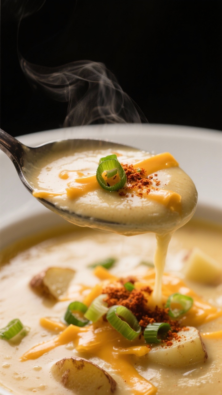 Close-up detail — cheesy finish and garnishes: Tight macro shot of a ladle lifting the finished so