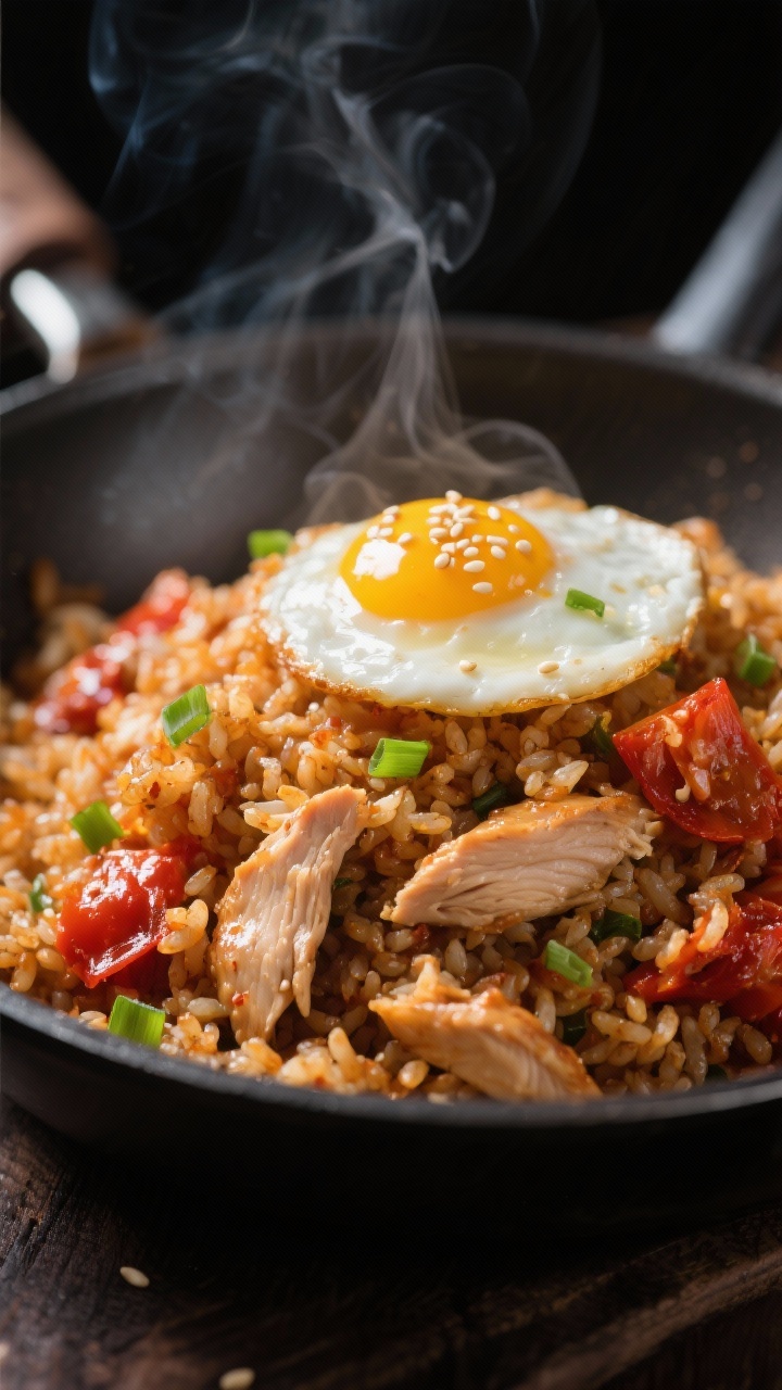 Close-up detail: Chicken kimchi fried rice sizzling in a carbon-steel skillet, glossy grains with ca