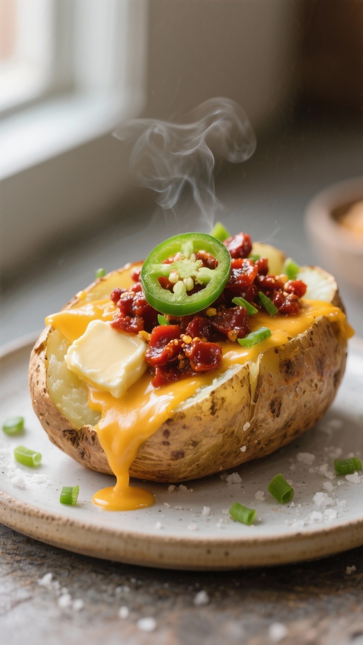 Close-up detail: Chili cheese baked potato, sliced and fluffed with a pat of butter melted into the 