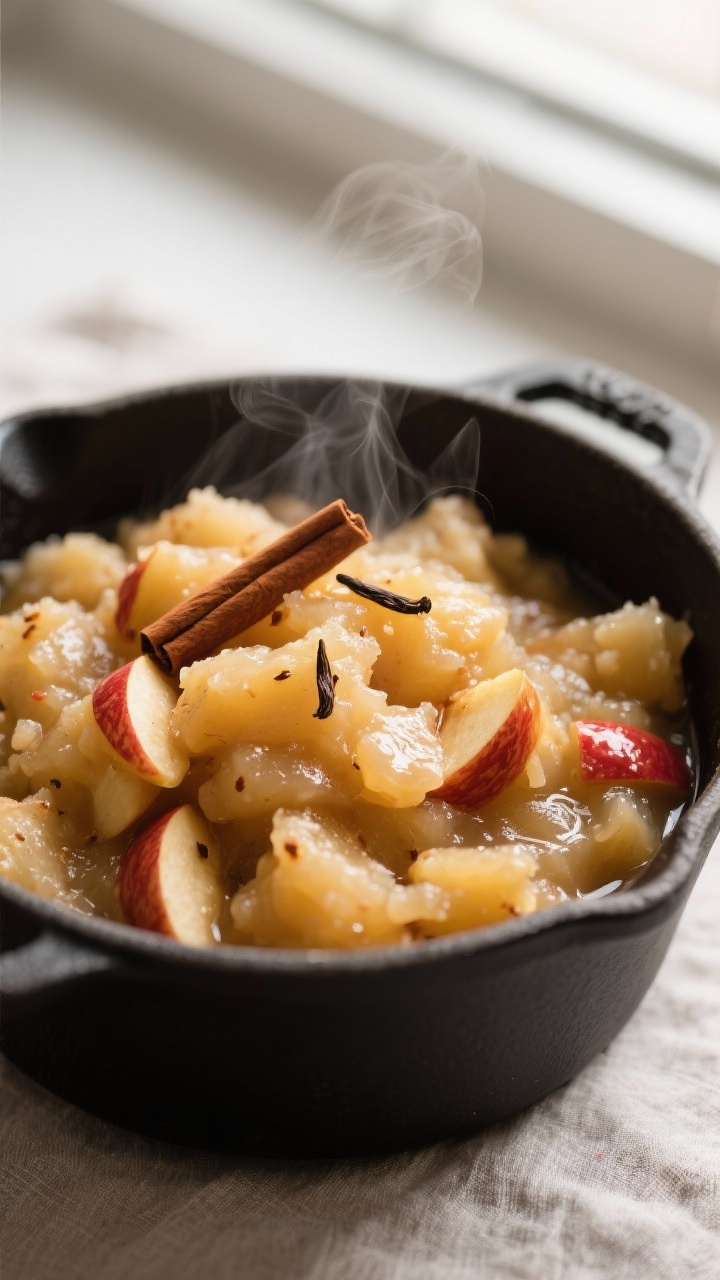 Close-up detail: Chunky homemade applesauce just mashed in the pot, glossy cinnamon-streaked apple p