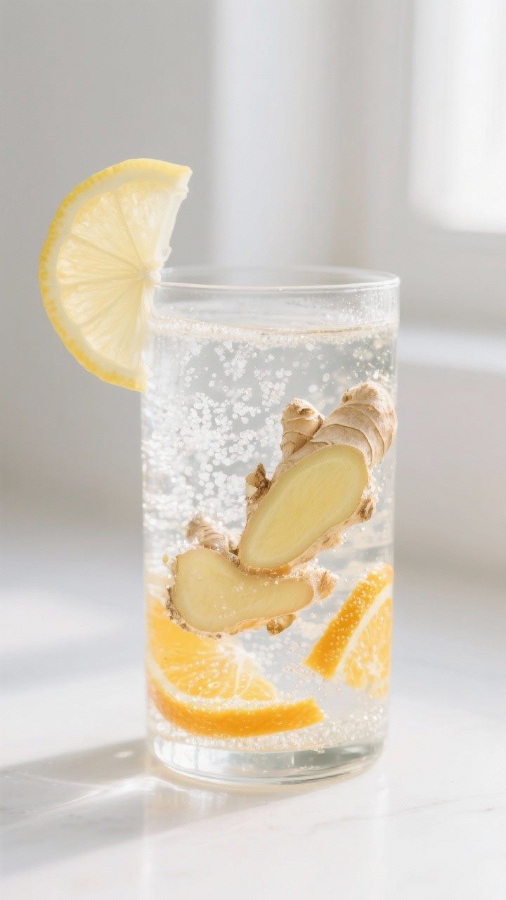 Close-up detail: Citrus-Ginger Electrolyte Water just after infusing, thin ginger slices and suspend