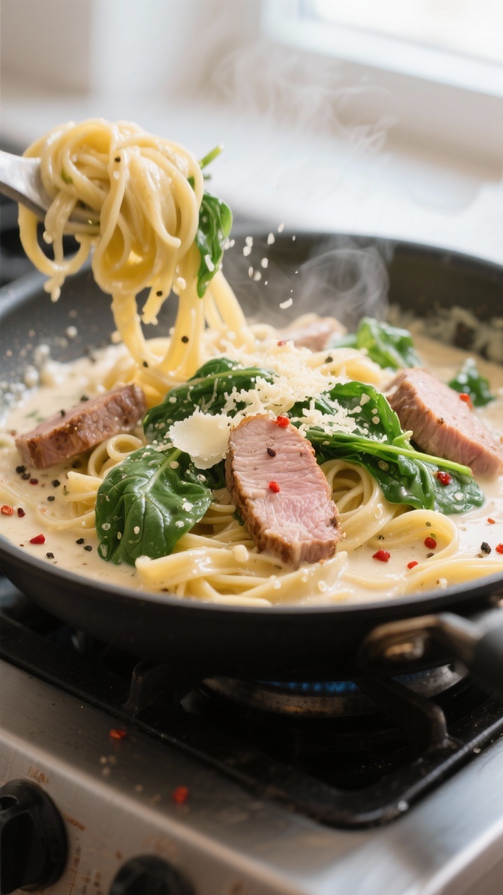 Close-up detail: Creamy pork tenderloin pasta mid-toss in a skillet, showing glossy garlic-parmesan 