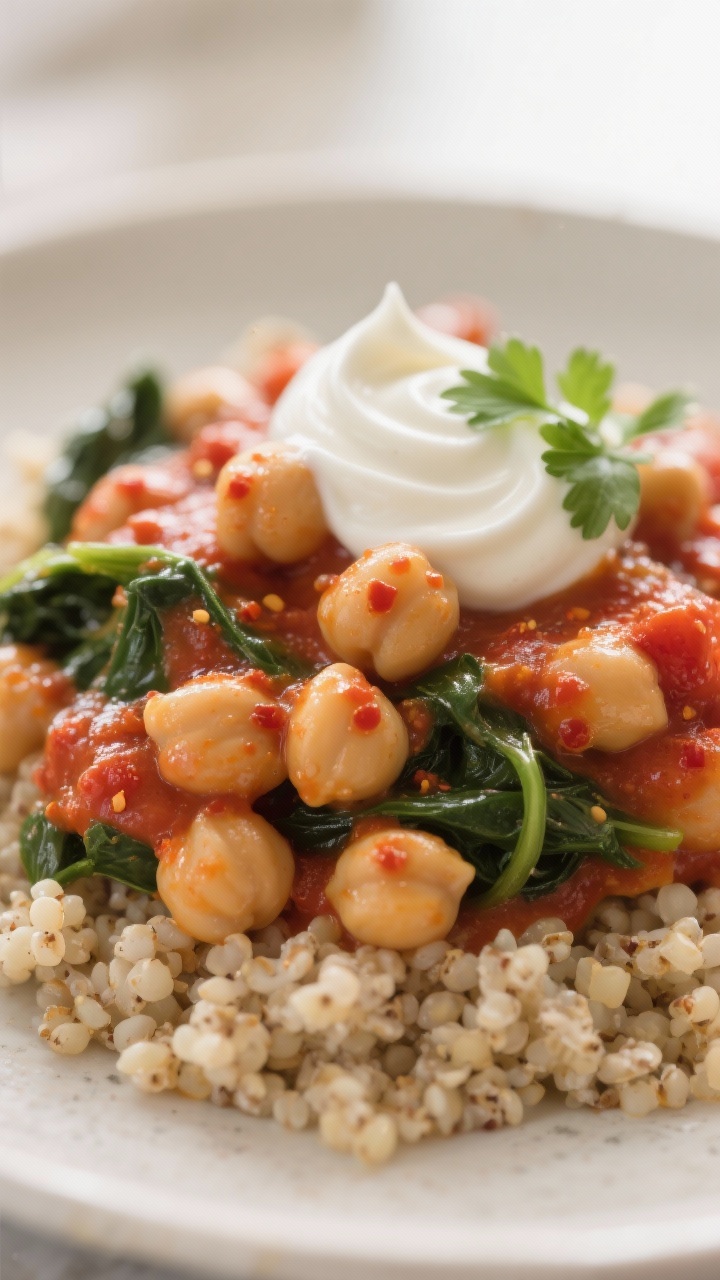 Close-up detail – Creamy Tomato Chickpeas: Tight macro of chickpeas simmered in creamy tomato sauc