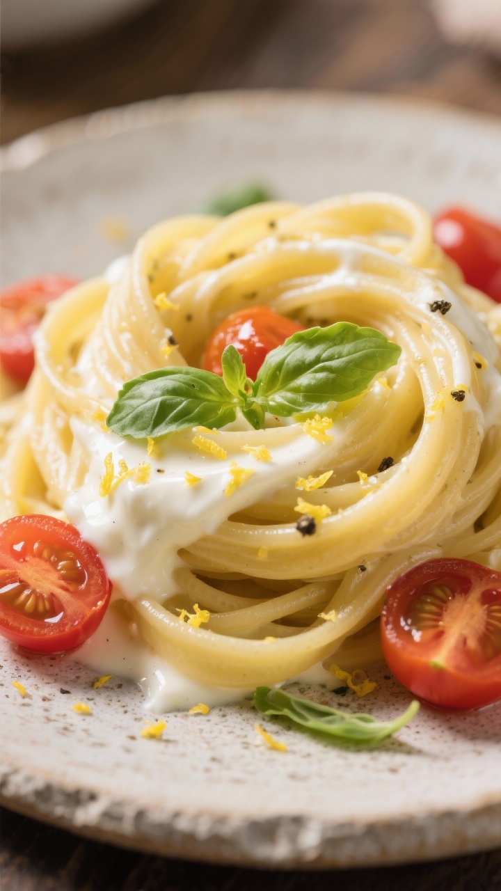 Close-up detail, creamy upgrade: Macro close-up of the finished pasta twirled into a nest, showcasin