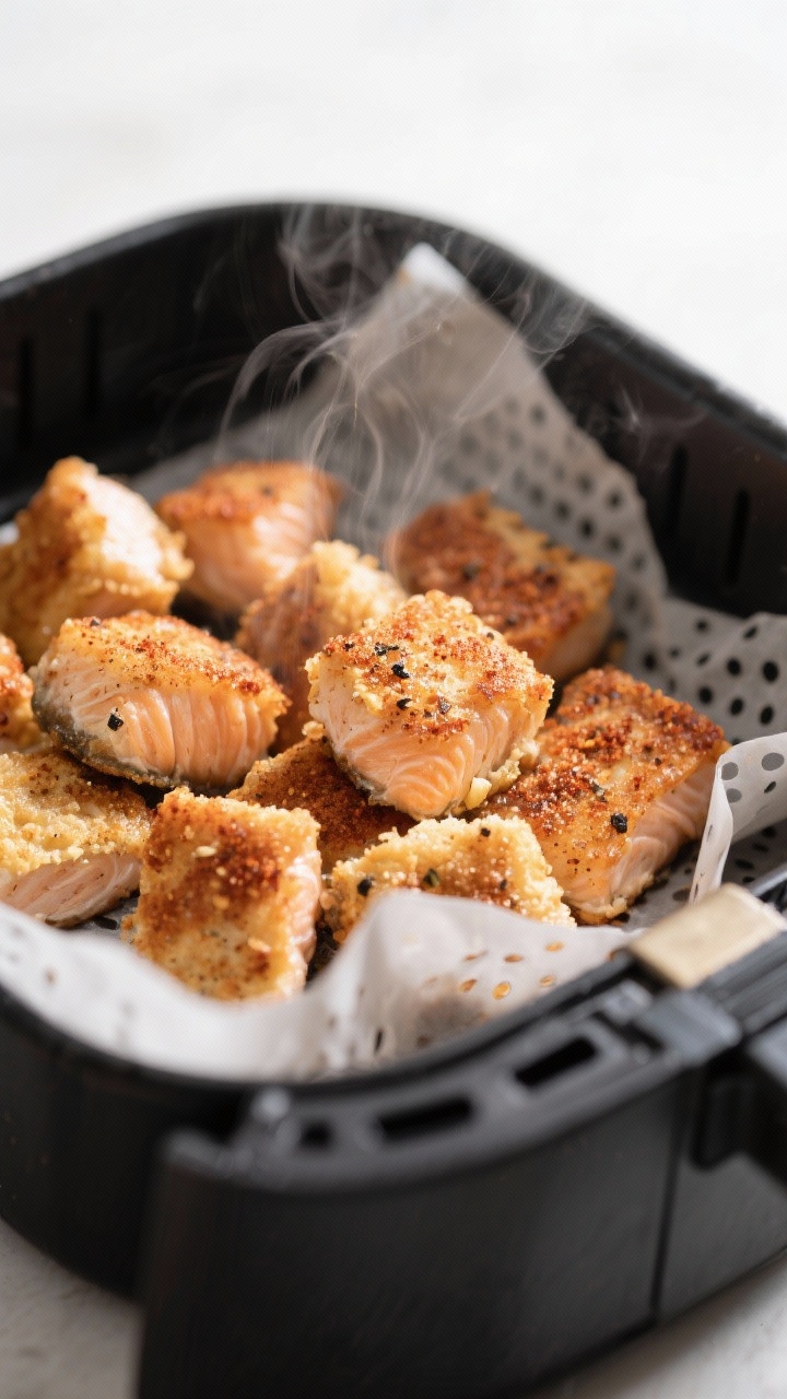 Close-up detail: Crispy air fryer salmon bites just out of the basket at 400°F, edges shatter-crisp