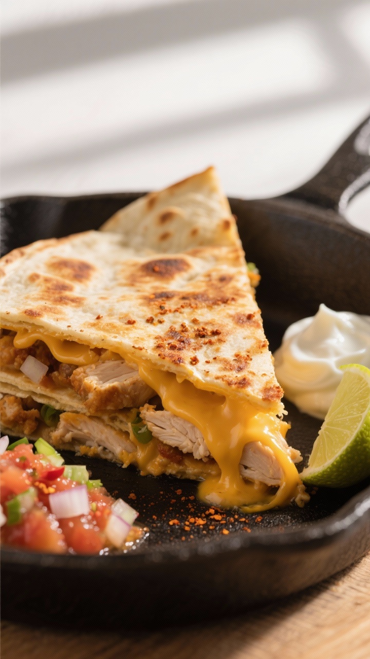 Close-up detail: Crispy chicken quesadilla wedge just cut, molten cheddar pulling into strands, flec