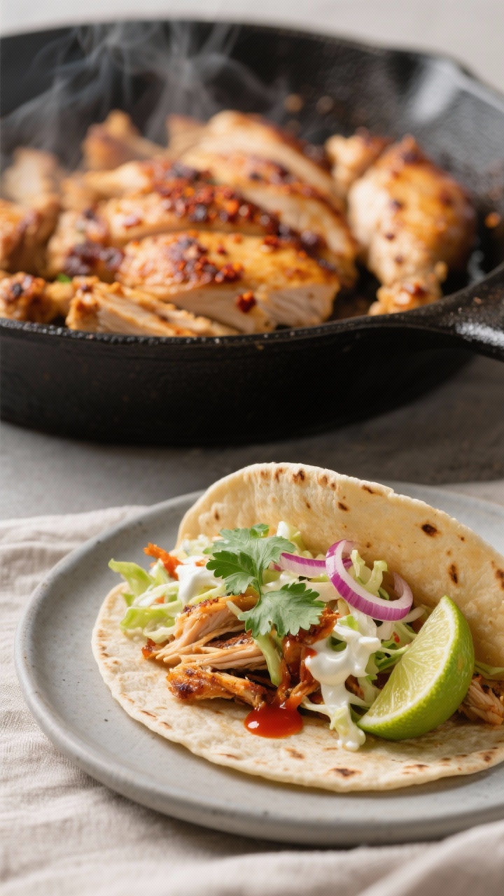 Close-up detail: Crispy chicken tacos with lime slaw — shredded grilled chicken sizzling in a skil