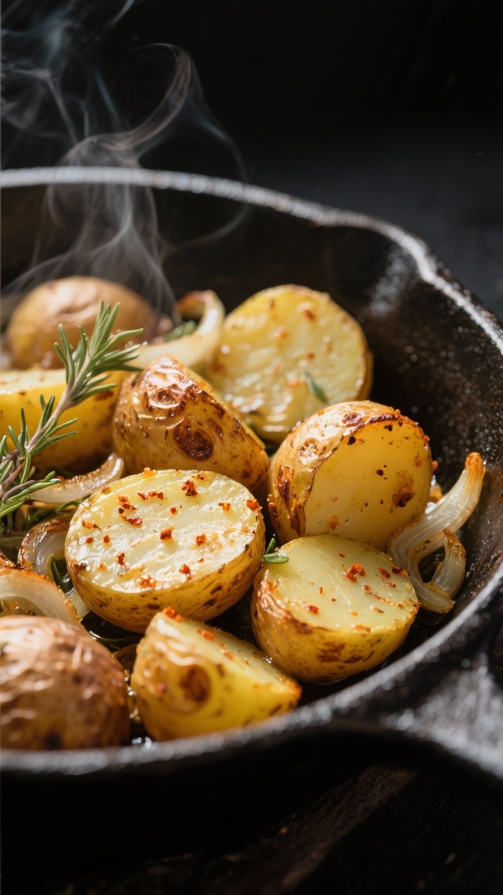 Turn Last Night’s Roast Into Tonight’s Win: Leftover Pork Tenderloin Skillet with Potatoes and Herbs Close-up detail: Crispy, golden baby potatoes cut-side down in a cast-iron skillet after par-cooking