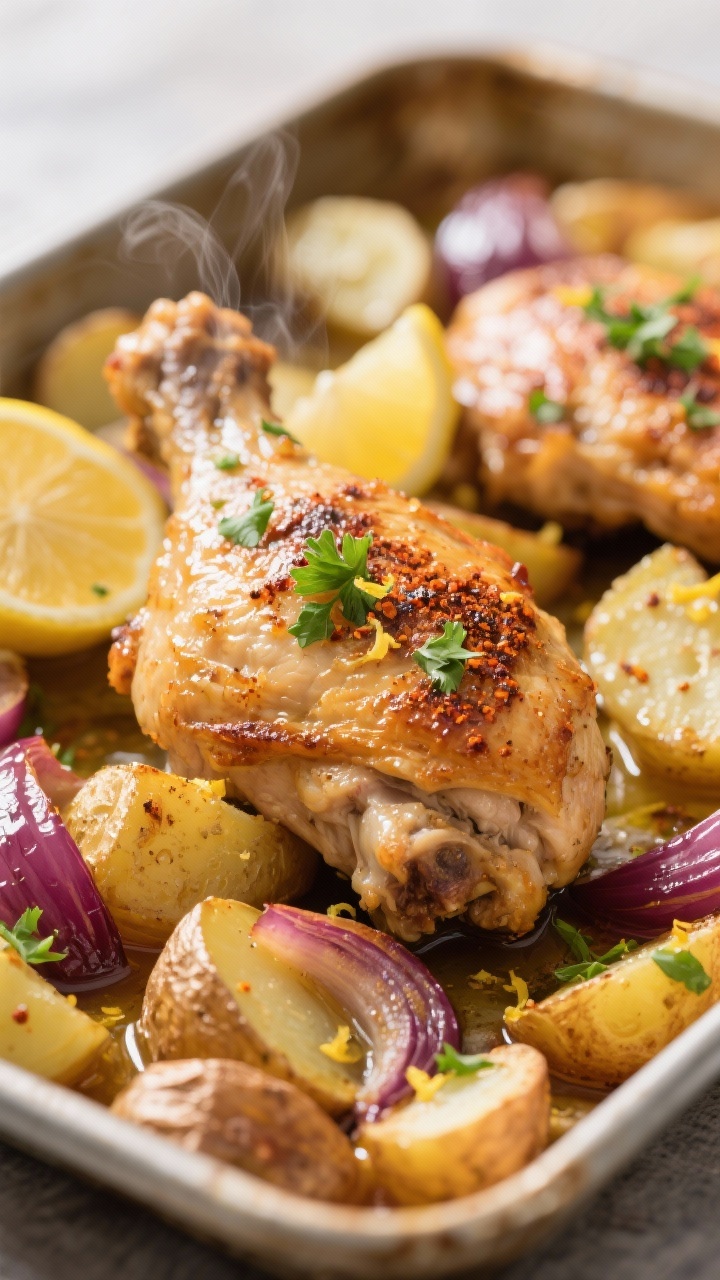 Close-up detail: Crispy, golden-brown bone-in chicken thighs nestled over roasted Yukon Gold potato 