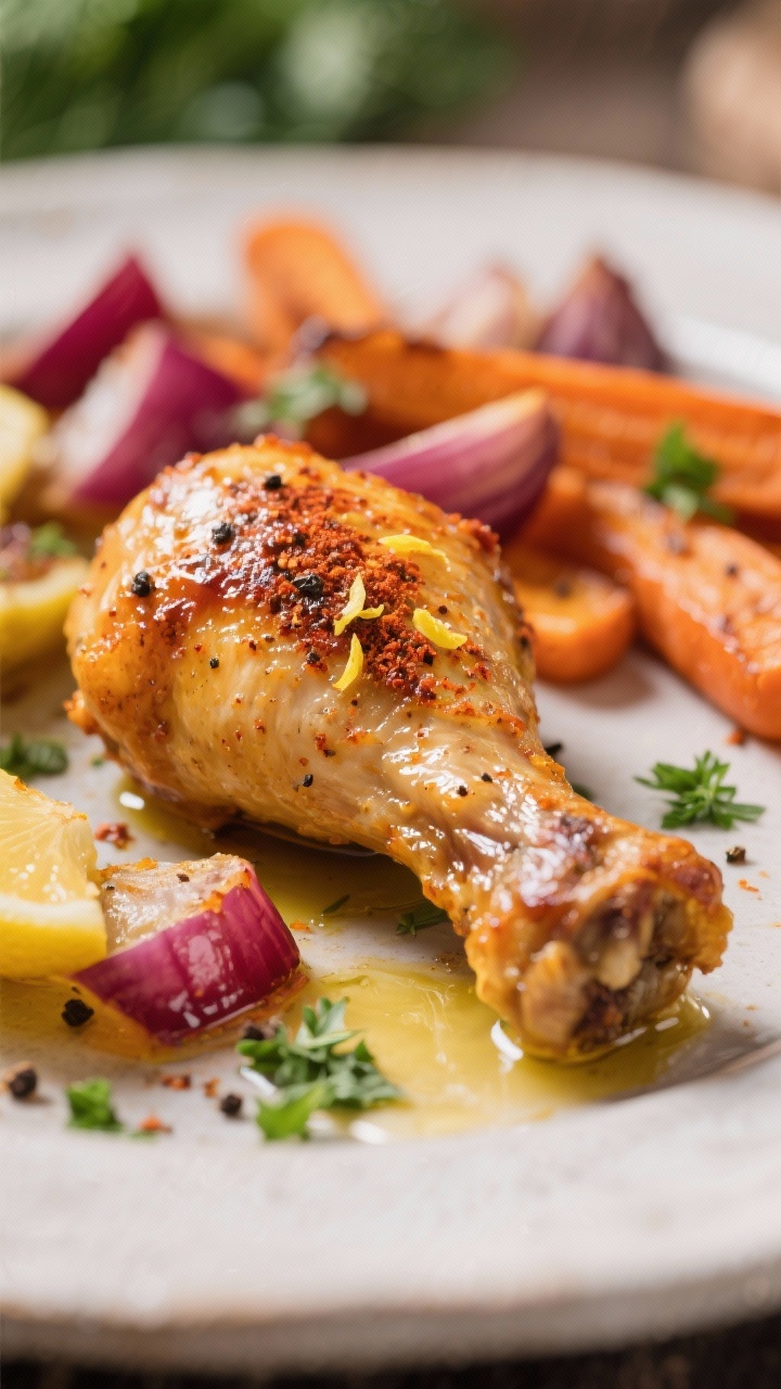 Close-up detail: Crispy oven-baked chicken drumstick skin blistered and golden, flecked with smoked 