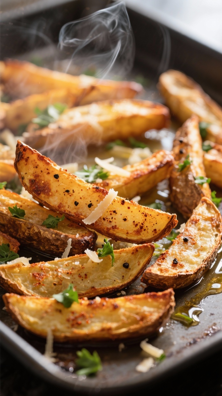 Close-up detail: Crispy oven fries just out of the oven on a preheated sheet pan, deep golden edges 