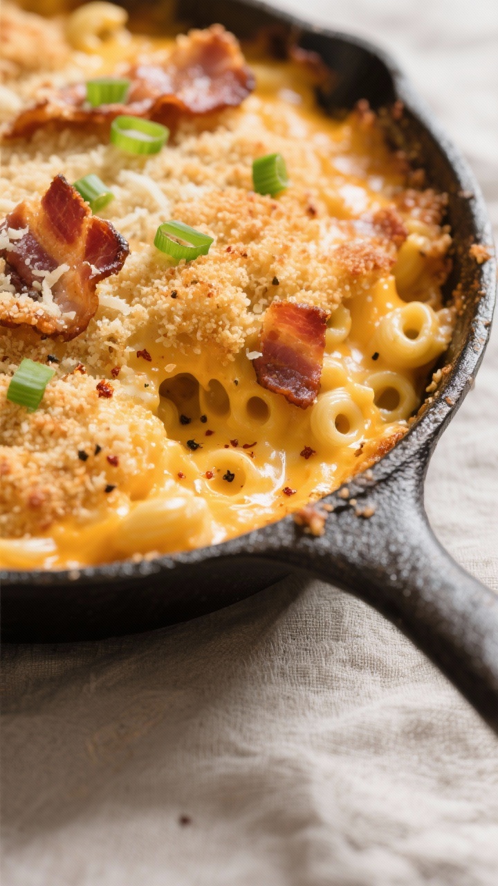 Close-up detail: Crispy panko-Parmesan crust and bacon shards on bubbling bacon mac and cheese just 
