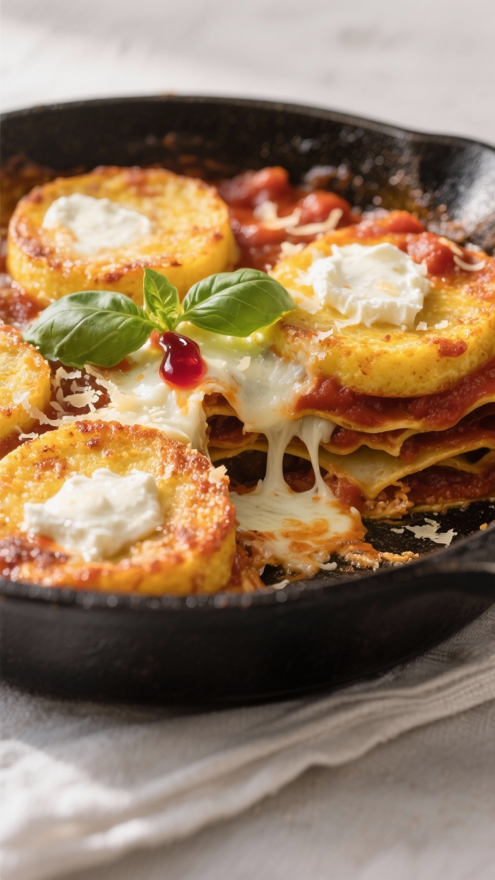 Close-up detail: Crispy Polenta Lasagna Skillet just out of the oven—golden-seared polenta rounds 
