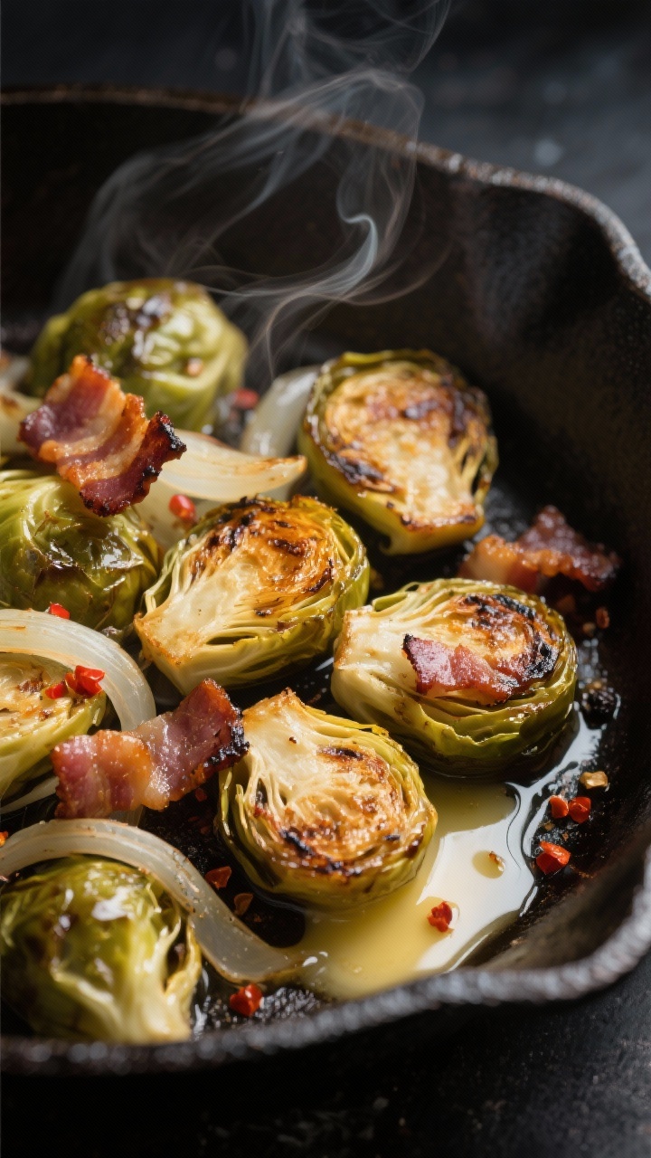 Close-up detail: Crispy seared Brussels sprouts cut-side down in a cast-iron skillet, deep golden ca