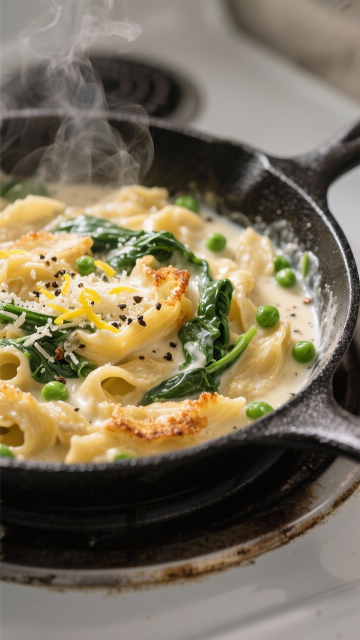 Close-up detail: Crispy Skillet Alfredo reviving in a nonstick pan — golden, lightly crisped pasta
