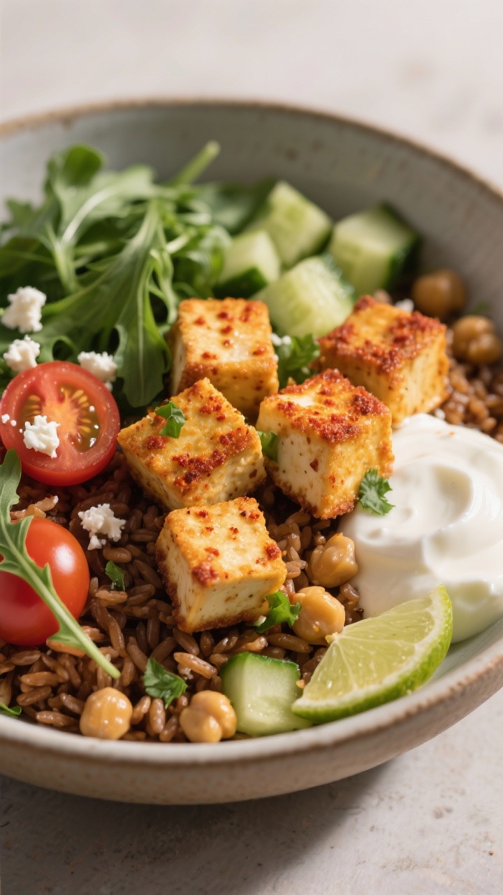 Close-up detail: Crispy Tofu Mediterranean Bowl macro—golden-edged tofu cubes with paprika-kissed 