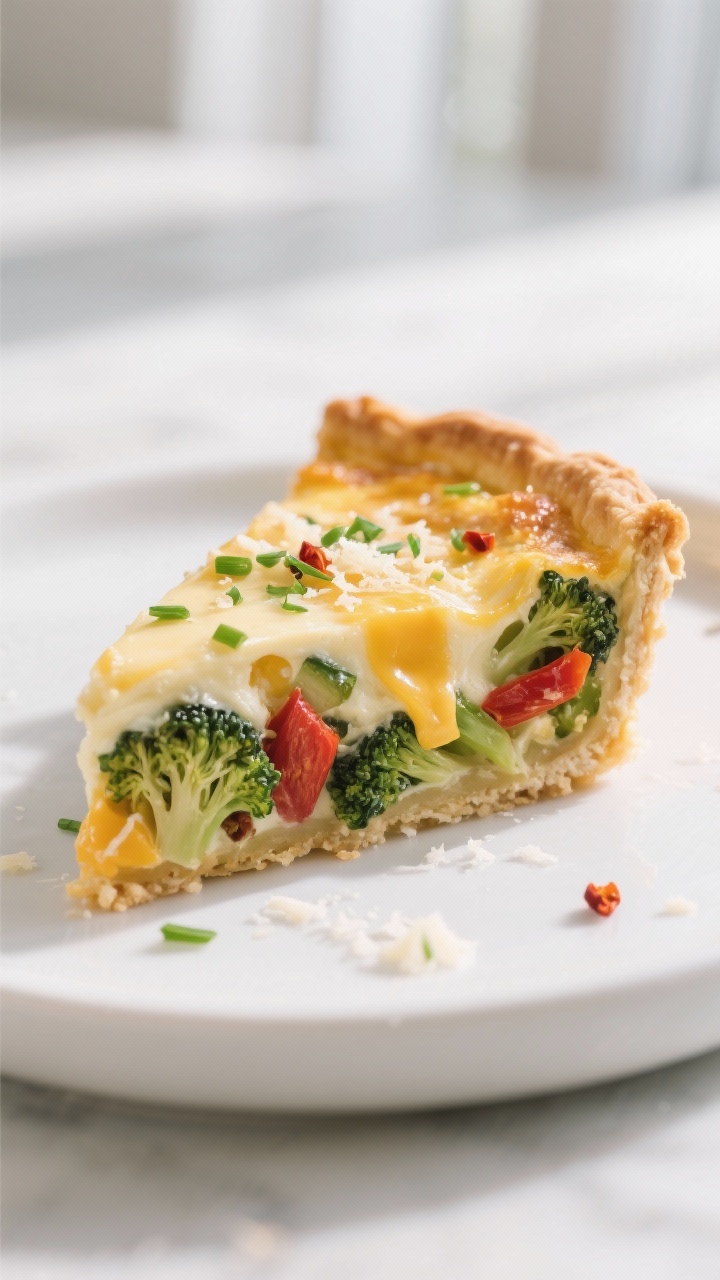 Loaded Vegetable Quiche with Mixed Leftover Veggies: The Zero-Waste Brunch Flex Everyone Will Ask You For Close-up detail: Cross-section slice of loaded vegetable quiche on a matte white plate—silky egg-c