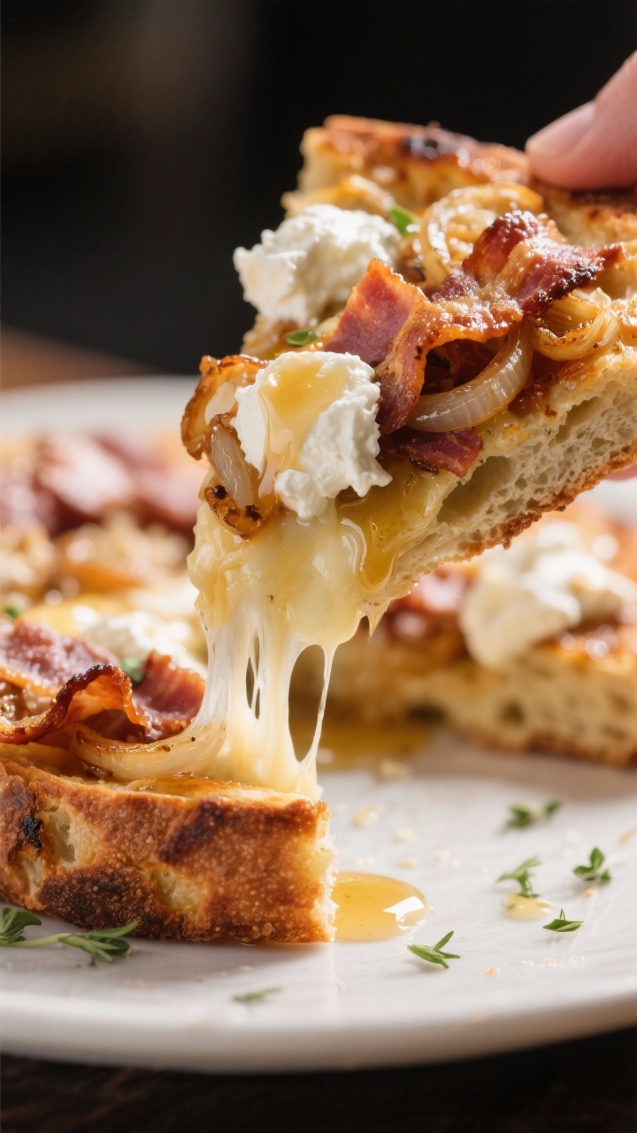 Leftover Bacon Pizza Topping Ideas 🥓🍕: 21 Game-Changing Combos You’ll Wish You Tried Sooner Close-up detail: Extreme close-up of Maple-Bacon Brunch slice being lifted, showing ricotta dollops