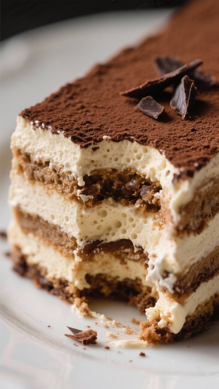 Close-up detail: Extreme macro of the tiramisu’s interior after the first slice is removed, reveal