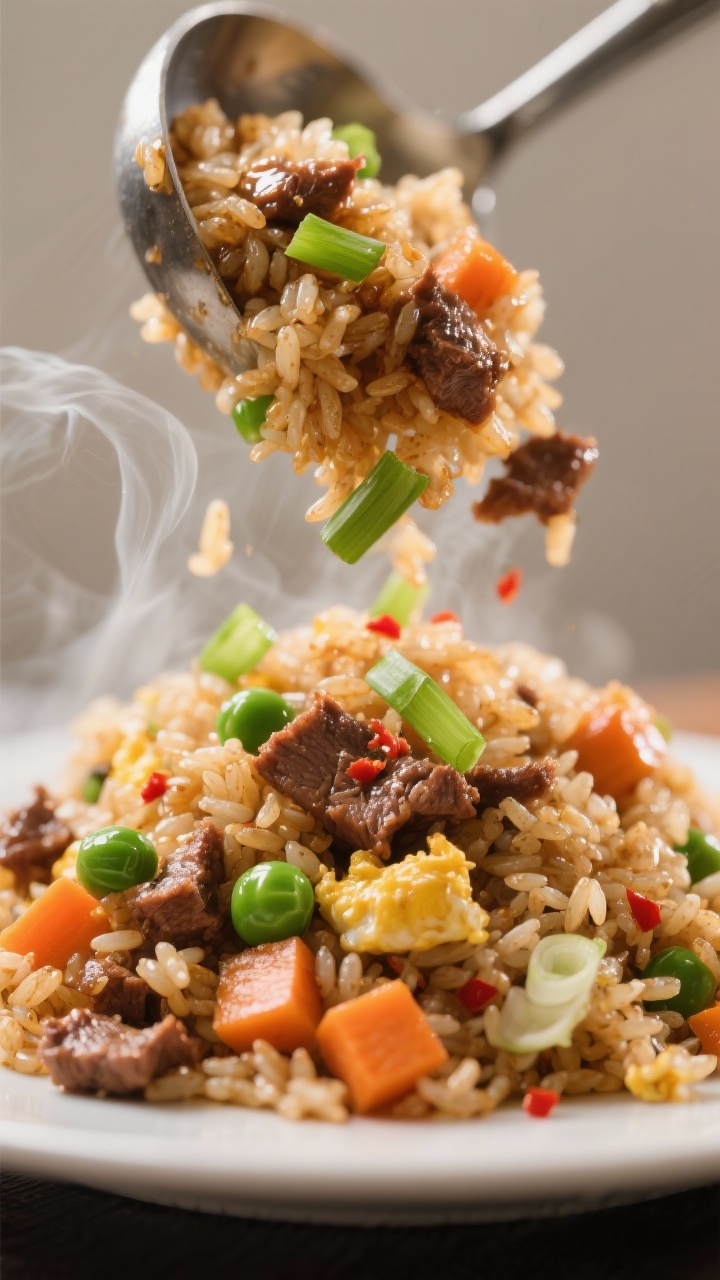 Close-up detail — Final toss with sauce and scallions: Ultra close-up of glossy fried rice mid-tos