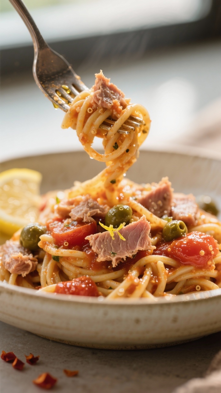 Close-up detail: Fork-twirled whole-grain pasta coated in a glossy tomato-olive tuna sauce, flakes o