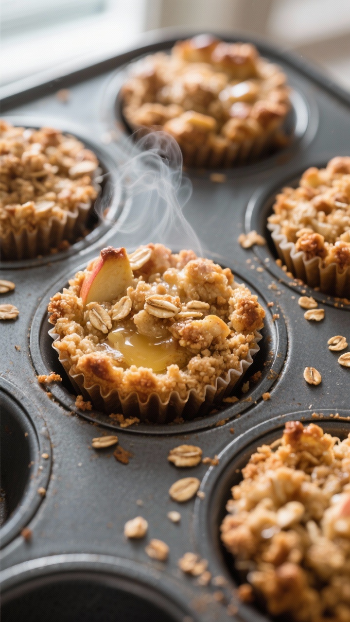 Leftover Apple Crisp Cups for Quick Desserts: The 10-Minute Treat That Saves Sad Apples (and Your Sanity) Close-up detail: Freshly baked apple crisp cups still in the muffin tin, edges deeply golden and siz