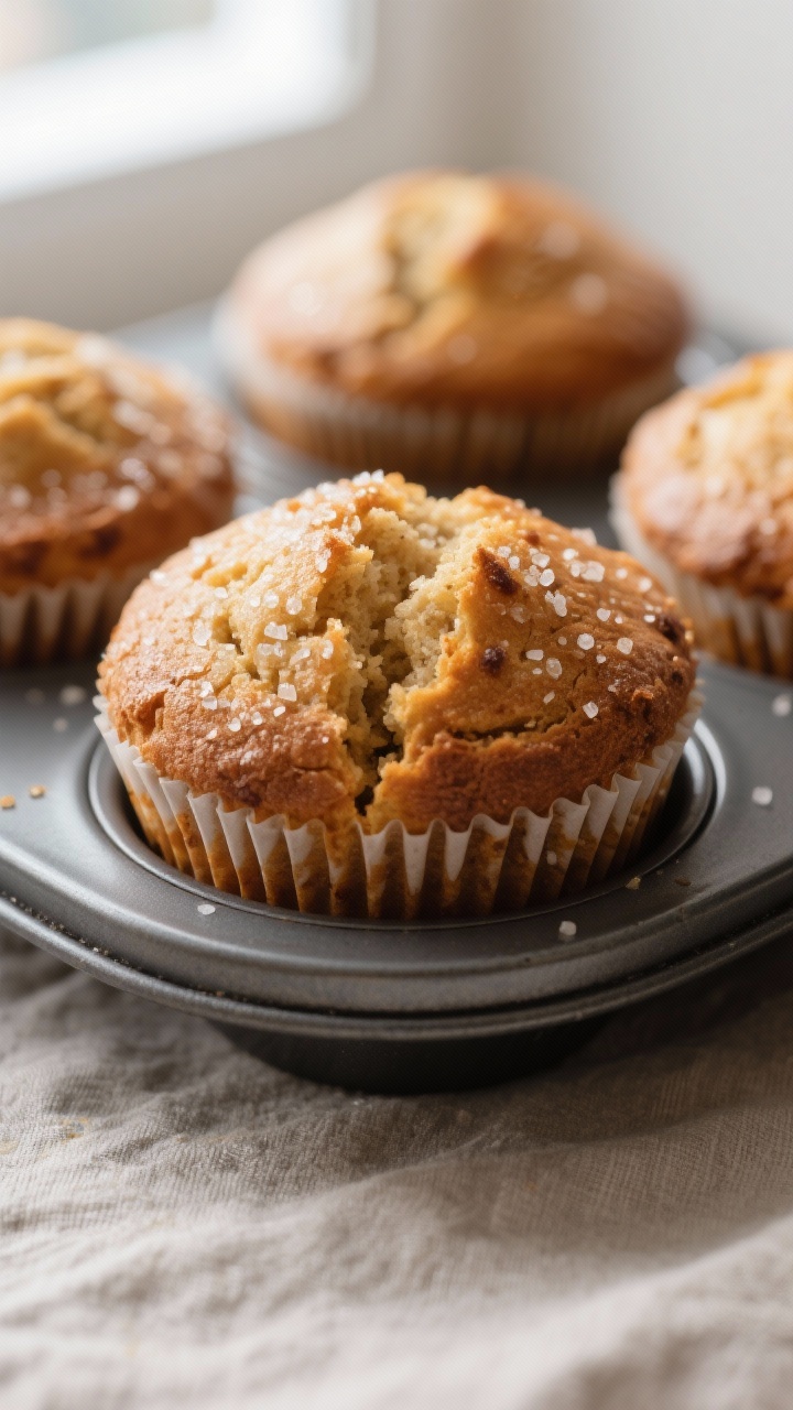 Close-up detail: Freshly baked banana muffins just out of the tin, domed tops with a glittering spri