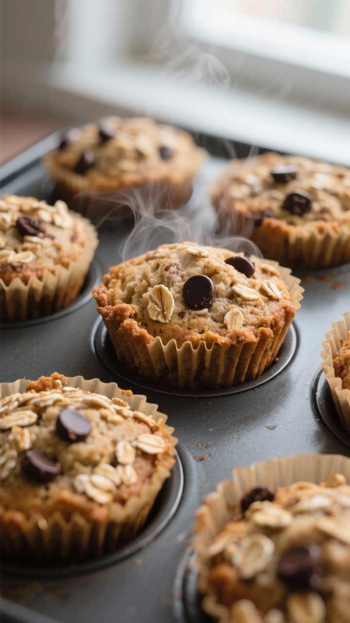 Close-up detail: Freshly baked banana oat cups just out of the oven, golden edges with lightly crisp