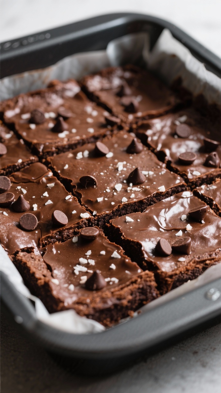 Close-up detail: Freshly baked vegan gluten-free chocolate brownies in an 8x8 pan, edges set with a 