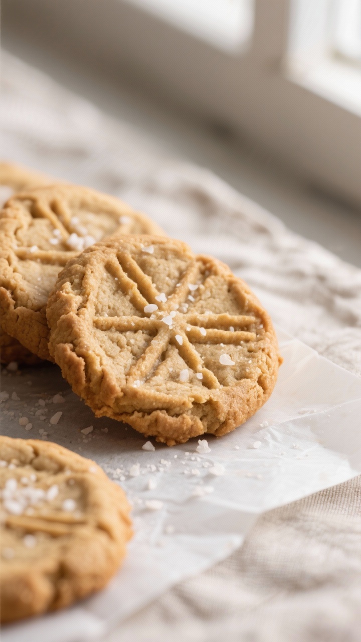 Close-up detail: Freshly baked vegan gluten-free peanut butter cookies cooling on parchment, edges l