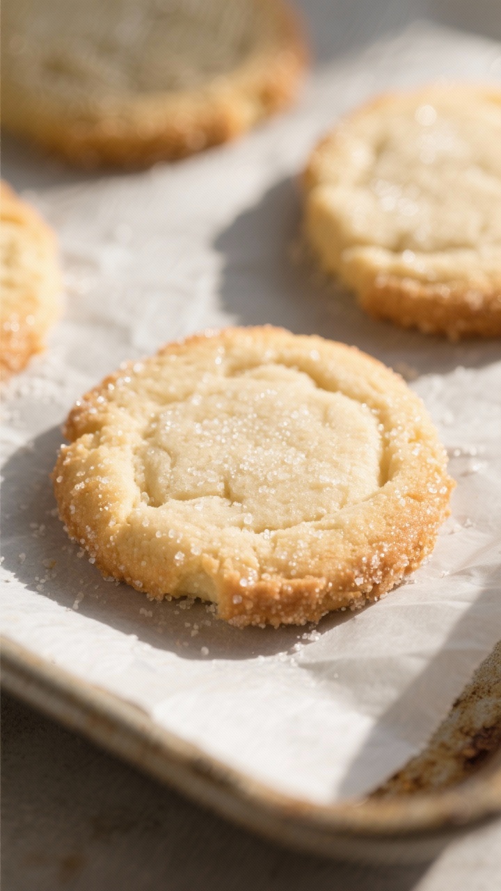 Close-up detail: Freshly baked vegan sugar cookies just out of the oven on a parchment-lined sheet, 