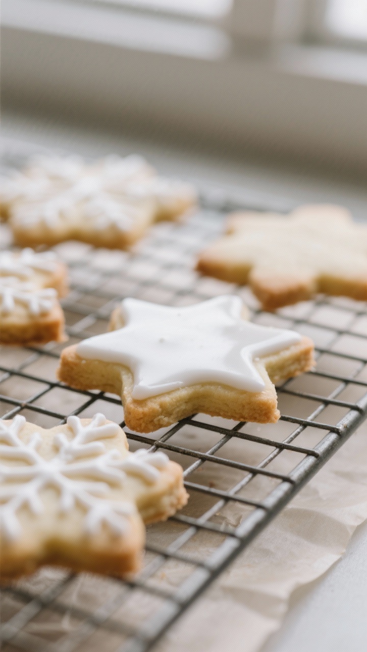 Close-up detail: Freshly baked vegan sugar cookies cooling on a wire rack, edges crisp and clean wit