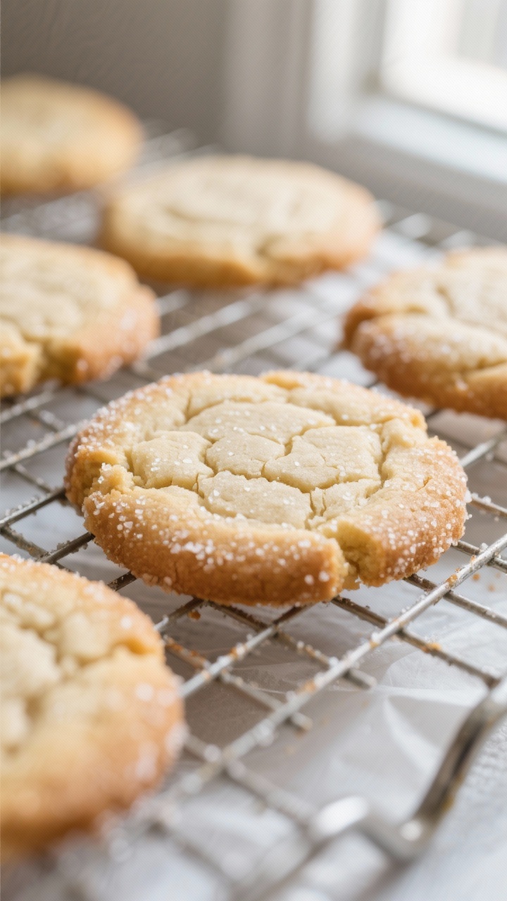 Close-up detail: Freshly baked vegan sugar cookies cooling on a wire rack, edges lightly golden with
