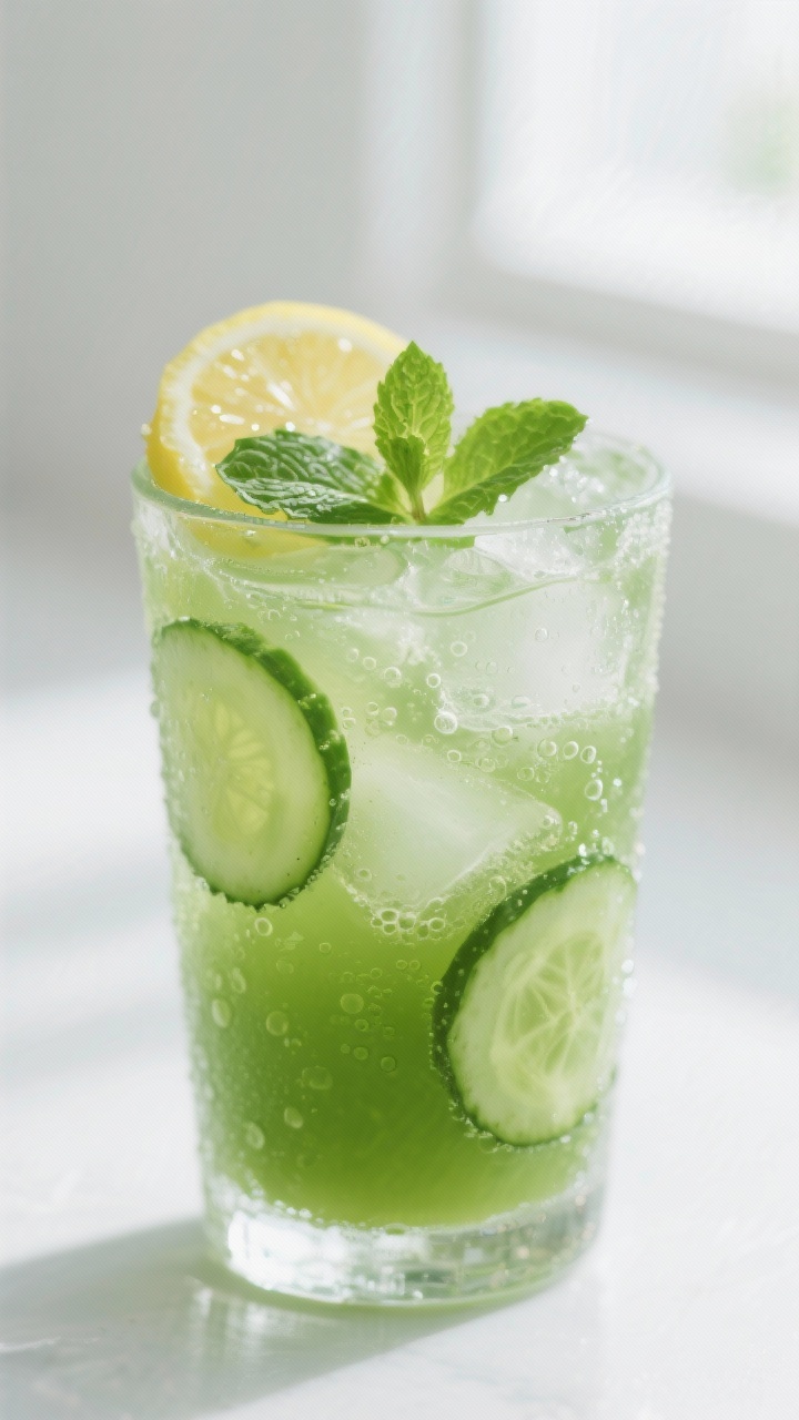 Close-up detail: Frosted glass of vibrant green juice poured over clinking ice, tiny bubbles and con