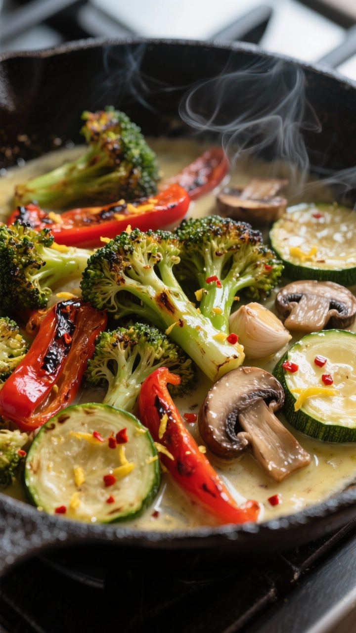 Close-up detail: Garlic-butter-sizzled vegetable medley in a hot skillet—charred broccoli florets 
