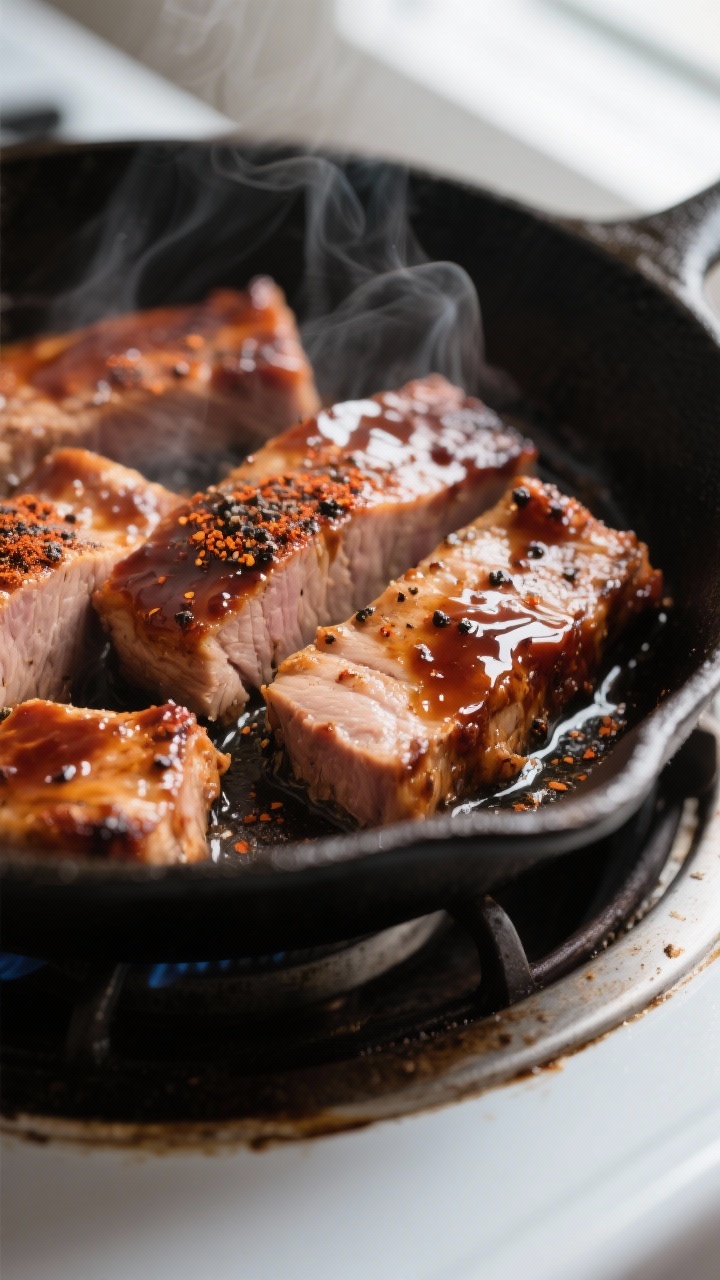 Close-up detail: Glazed BBQ pork tenderloin slices sizzling in a skillet over medium-low heat, coate