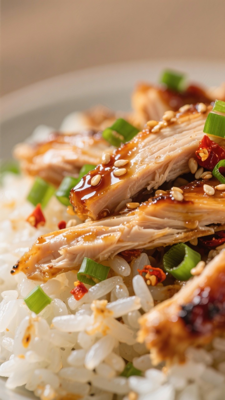 Close-up detail: Glazed shredded leftover chicken being folded into the rice with low-sodium soy/tam