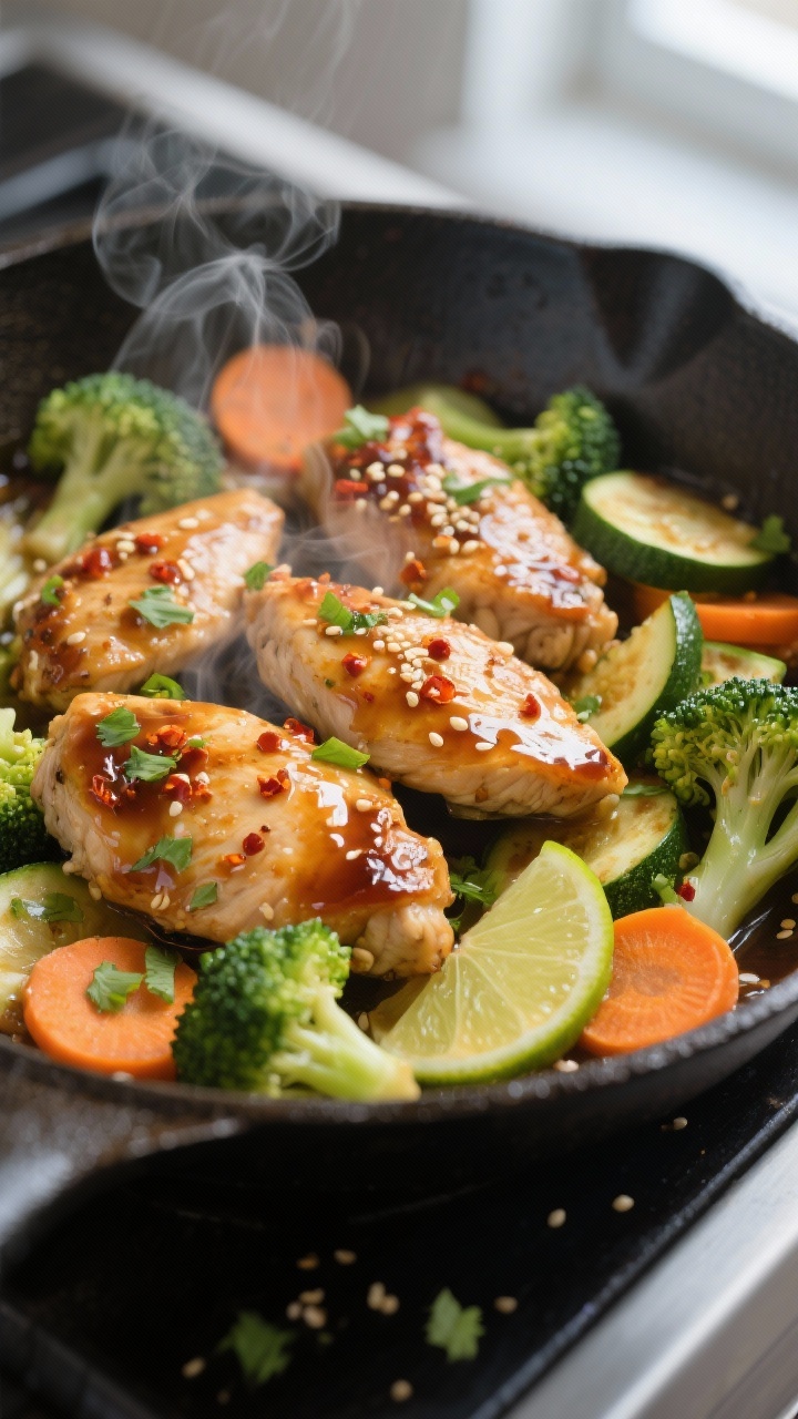 Close-up detail: Glossy Ginger-Lime Chicken tossed in skillet with crisp-tender broccoli florets, zu
