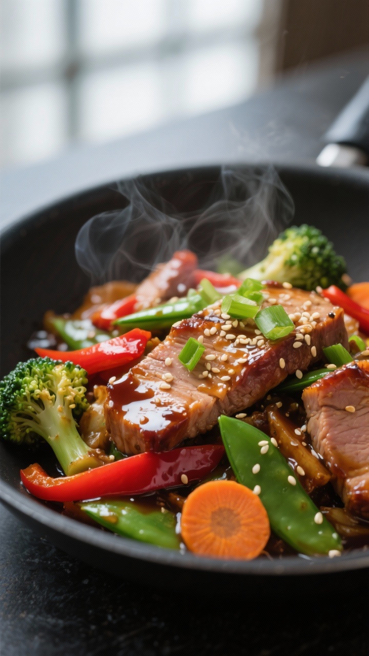 Close-up detail: Glossy stir-fry pork tenderloin slices nestled among crisp-tender broccoli florets,