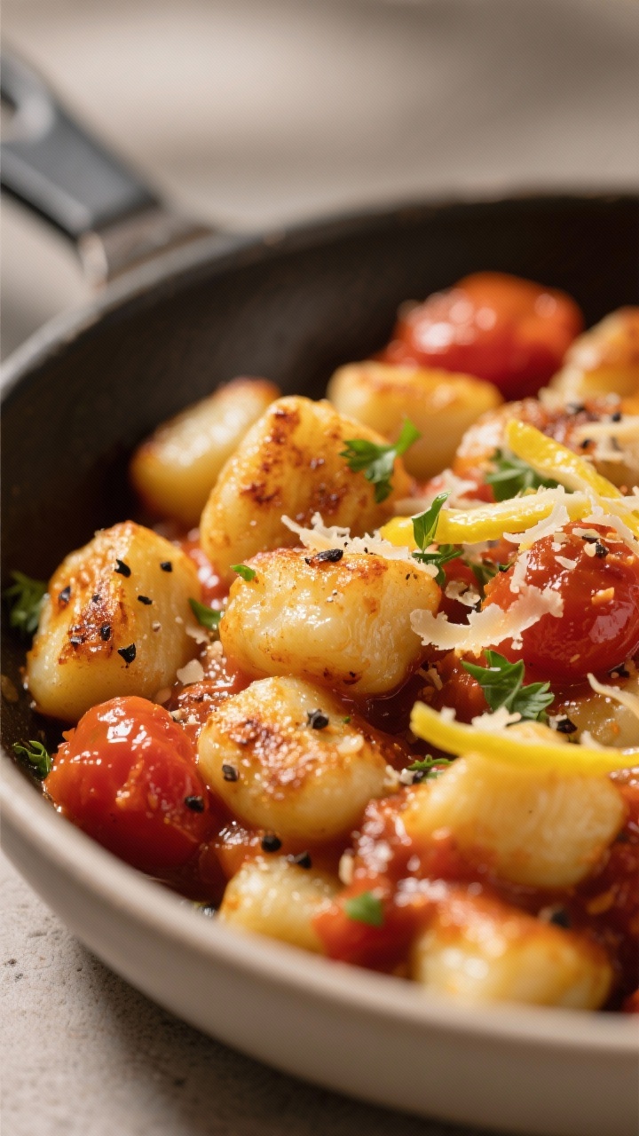 Close-up detail: Gnocchi Skillet with Browned Butter Tomato, macro shot of crisp, pan-fried gnocchi 