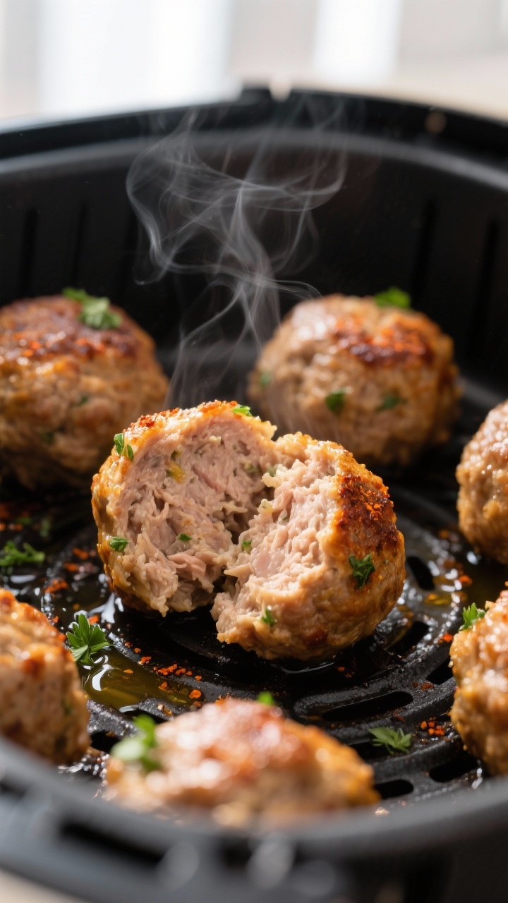Close-up detail: Golden-brown air fryer turkey meatballs just after cooking, crispy edges glistening