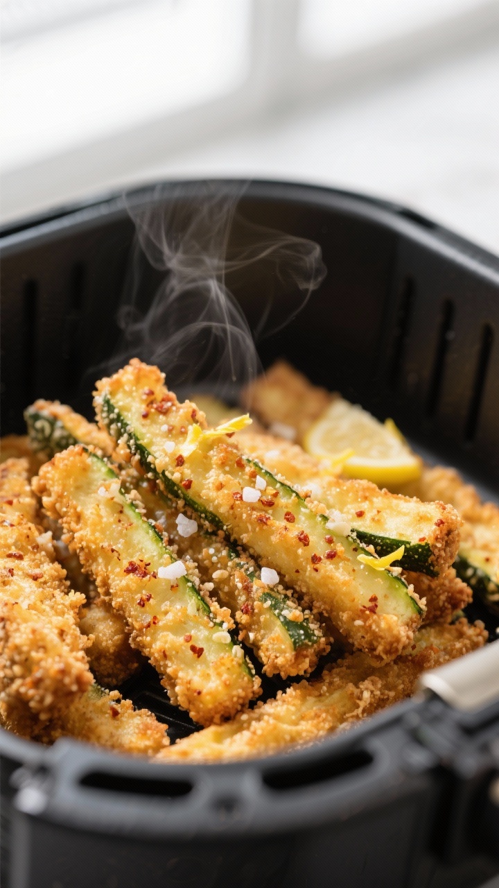 Close-up detail: Golden-brown air fryer zucchini fries just out of the basket, ultra-crispy panko-Pa