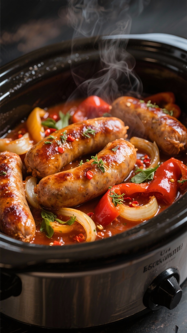 Close-up detail: Golden-browned Italian sausage links nestled in glossy, saucy peppers and onions in