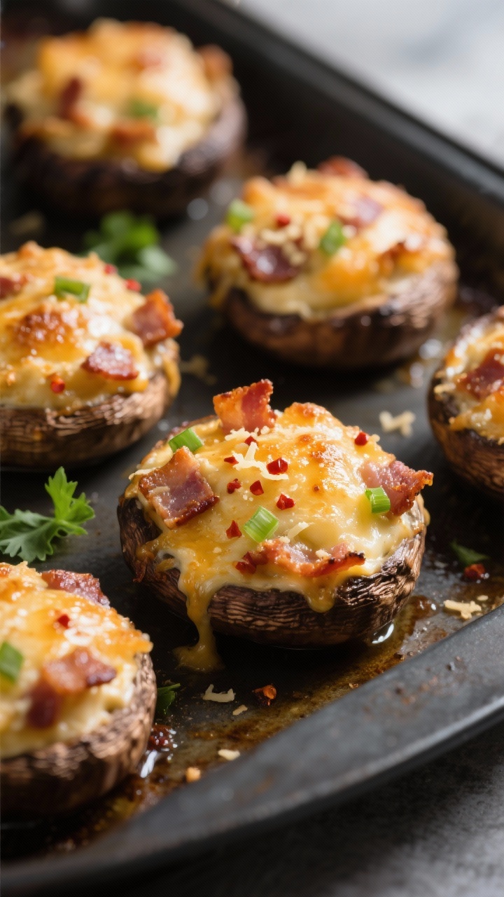 Close-up detail: Golden, bubbling cheesy bacon stuffed mushrooms just out of the oven, shot at a 45-