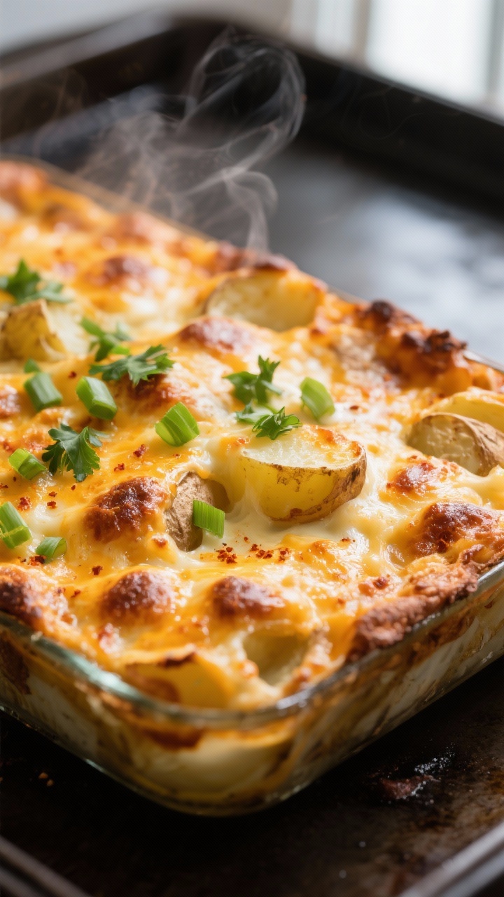 Close-up detail: Golden, bubbling cheesy baked potato casserole just pulled from the oven, crisped c