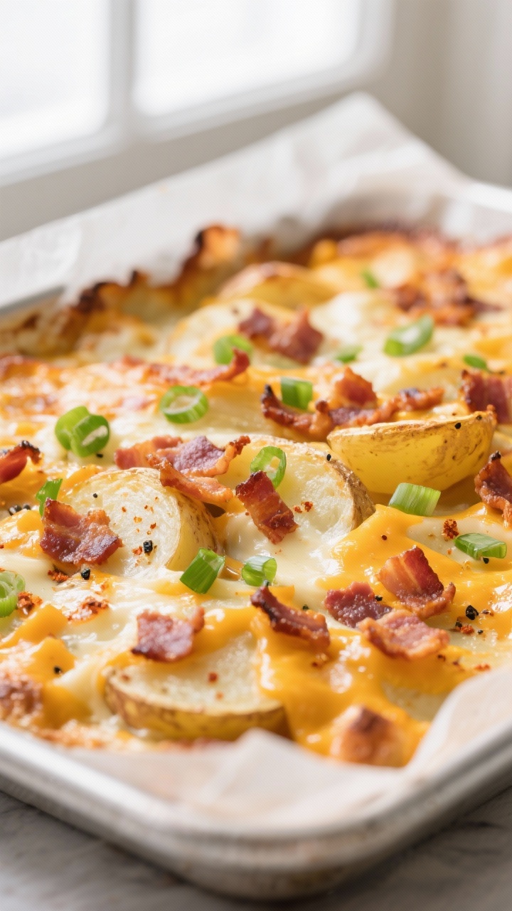 Close-up detail: Golden, bubbly bacon potato casserole just out of the oven, focusing on crispy baco