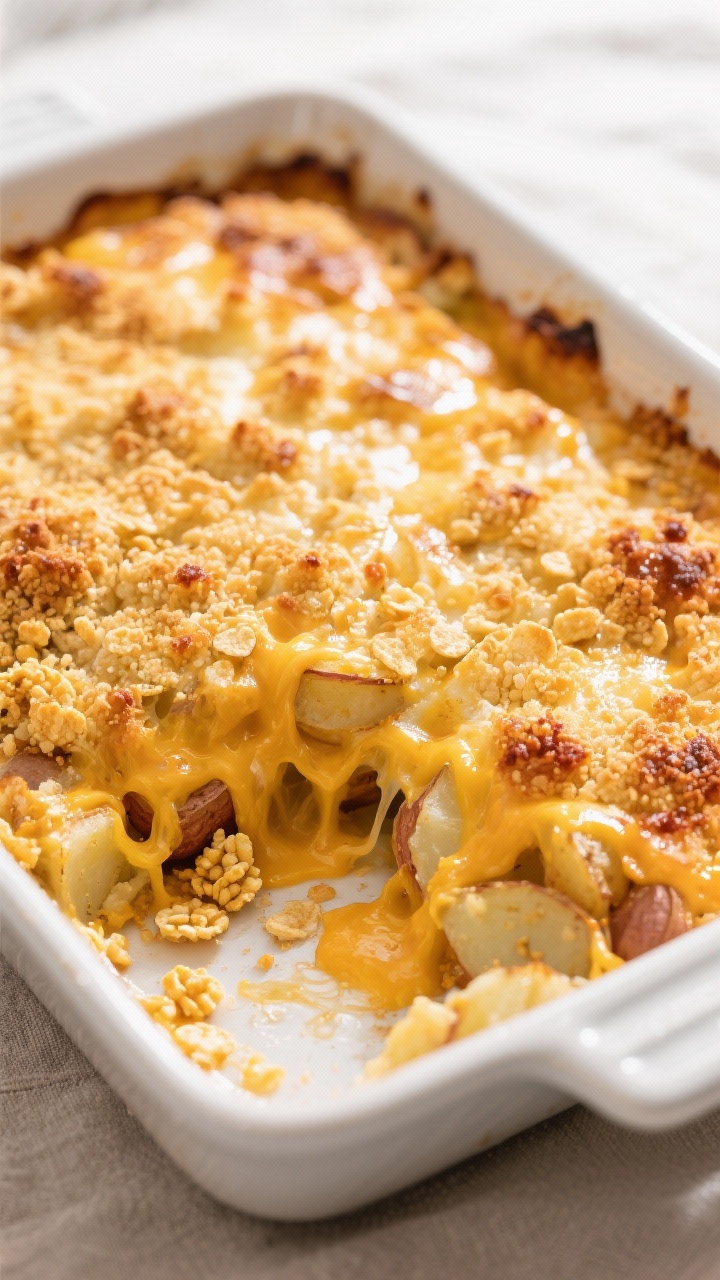 Close-up detail: Golden, bubbly cheesy potato casserole just out of the oven, showing crisp cornflak
