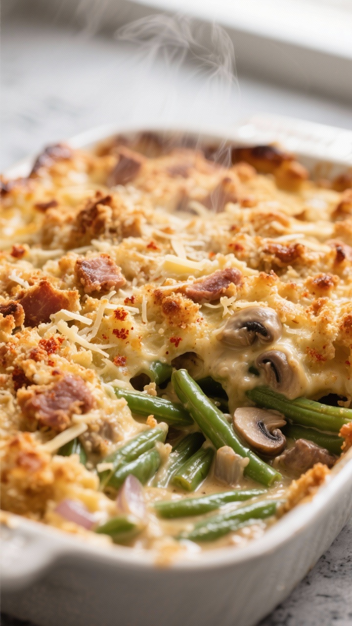 Close-up detail: Golden, bubbly low-carb green bean casserole just out of the oven, tight shot on th